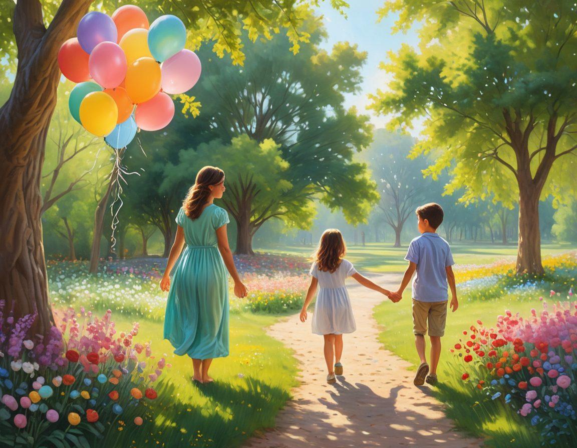 A serene and comforting scene depicting a family gathering in a peaceful park, surrounded by soft sunlight filtering through trees. Children play with colorful balloons while adults share warm hugs and gestures of support, symbolizing love and unity in grief. Gentle flowers bloom around them, representing hope and healing. Soft pastel colors. painting.