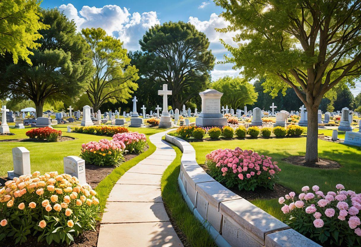 A serene and soothing landscape featuring a peaceful cemetery adorned with blooming flowers, soft sunlight filtering through gentle clouds, and a pathway leading to a beautifully designed memorial site. In the foreground, a family gathered in quiet reflection, holding hands and embracing each other, symbolizing love and support during loss. Soft gradients of pastel hues to evoke calmness and healing. super-realistic. vibrant colors. peaceful atmosphere.