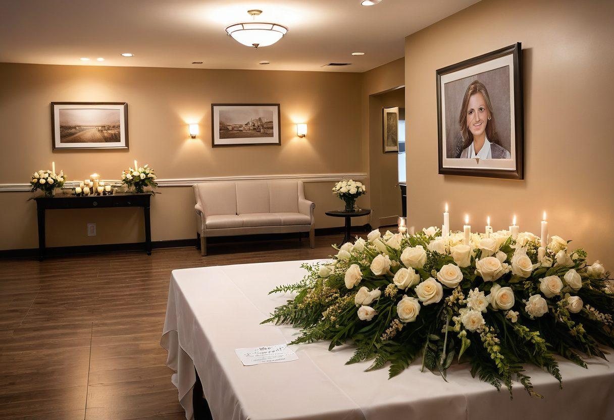 A serene and compassionate scene depicting a modern funeral home interior, showcasing elegant floral arrangements, comforting lighting, and a dedicated staff assisting a family in planning. Include symbols of memorialization such as a personalized memory board and candles gently flickering. The atmosphere should evoke a sense of peace and support, reflecting the journey from planning to farewell. super-realistic. warm tones. soothing ambiance.